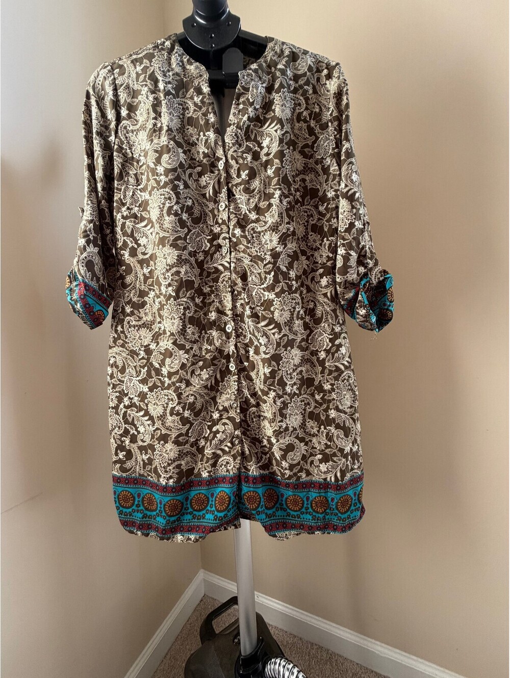 Peach Love Women's Tunic Dress V-Neck Mandarin Collar Paisley Size Large Brown